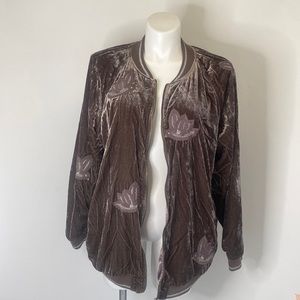 Hei Hei Anthropologie Taupe and Lilac Crushed Velvet Embroidered Bomber Jacket